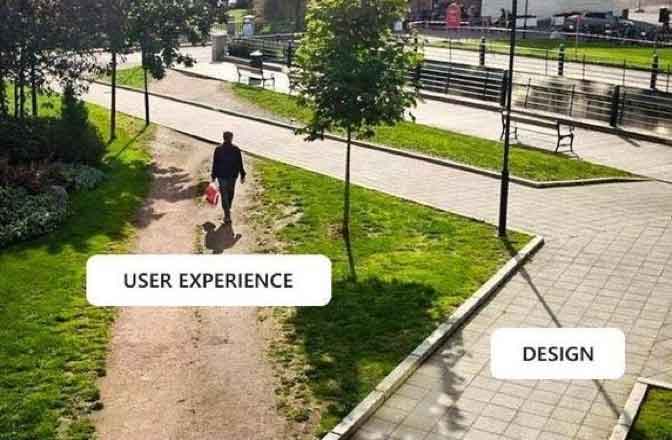 A man walks on a path on the grass, bearing the words "User experience", in a diagonal line, cutting through a tiled walkway with the words "Design"
