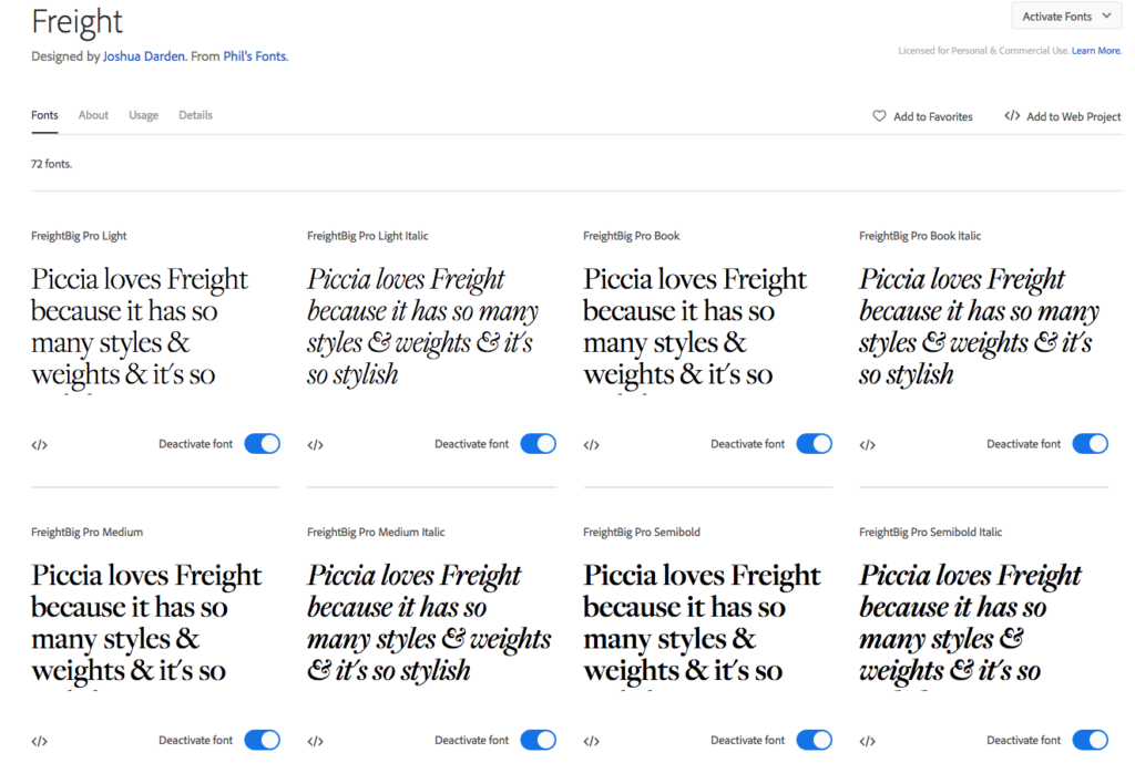 A sentence written in various font variations of the Freight typeface