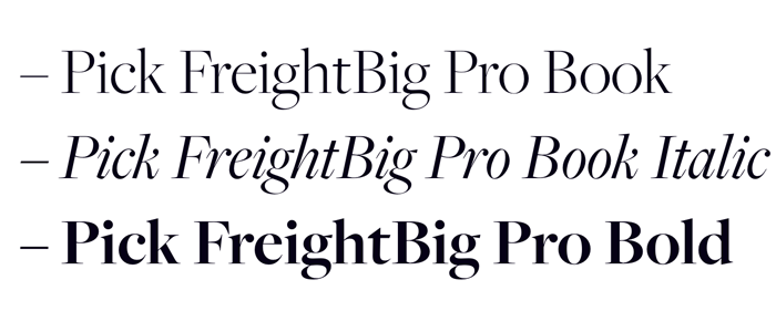 Three lines of text typeset in three different versions of the FreightBig Pro Book typeface: Book, Italic and Bold